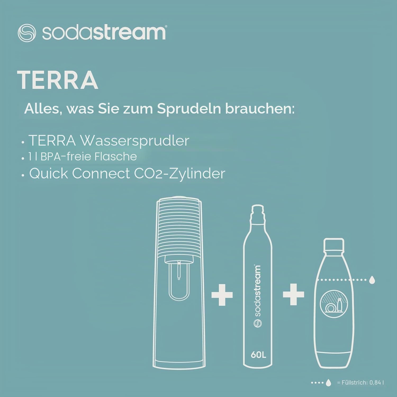 SodaStream - Terra Sparkling Water Maker Starterpaket, Quick Connect CO2-System, inklusive 60L Gasflasche, 1 x 440ml Pepsi Max, BPA-freie 1L Flasche, umweltfreundlich & reduziert Plastikmüll, schwarz