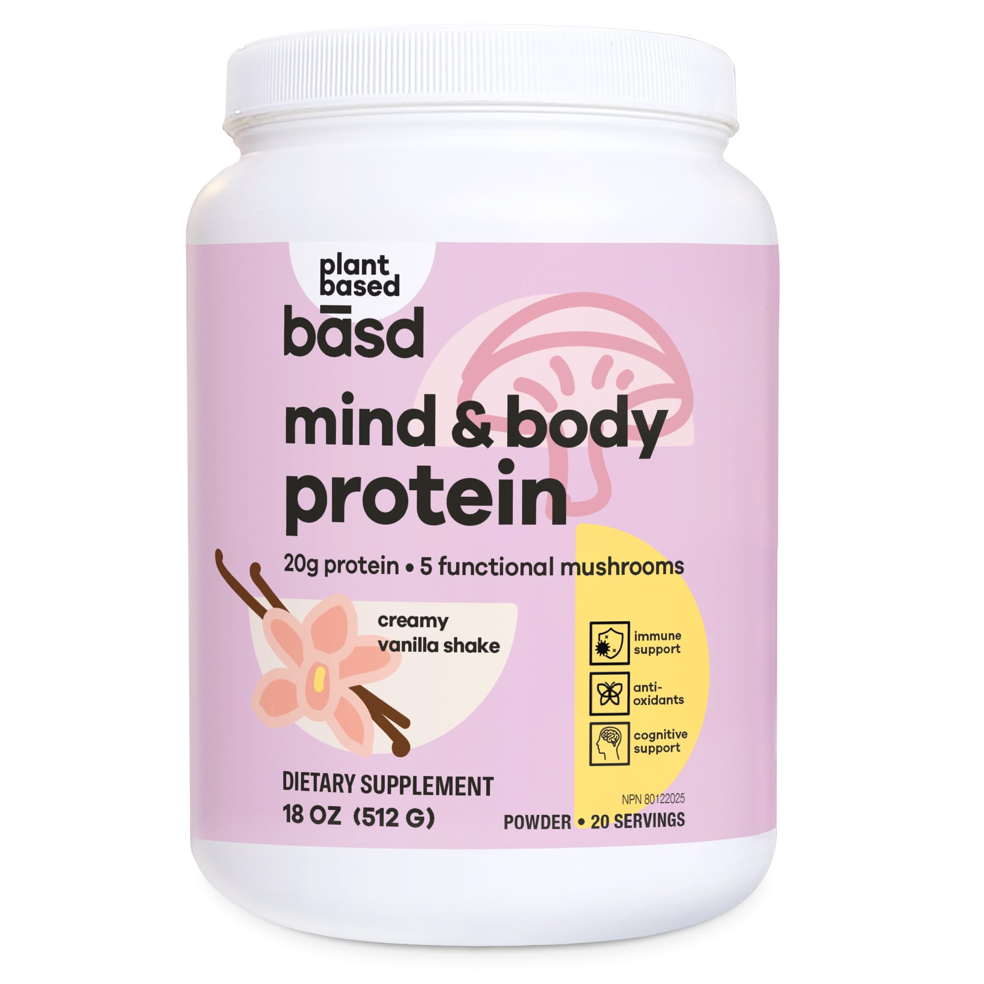 basdMind & Body Protein, Creamy Vanilla Shake | 20g Plant-Based Protein & 5 Functional Mushrooms | Vegan, Gluten-Free, Non-GMO, Dairy Free, Soy Free, Sugar-Free | 20 Servings, 512g Tub