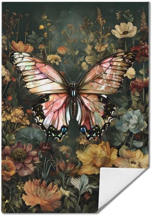 Vintage Dark Floral Pink Butterfly Kitchen Dish Towels, Butterfly Lover Gifts, Dark Academia Cottagecore Botanical Flower Insect Decorative Hand Tea Towels for Bathroom Kitchen, 16x24 Inches