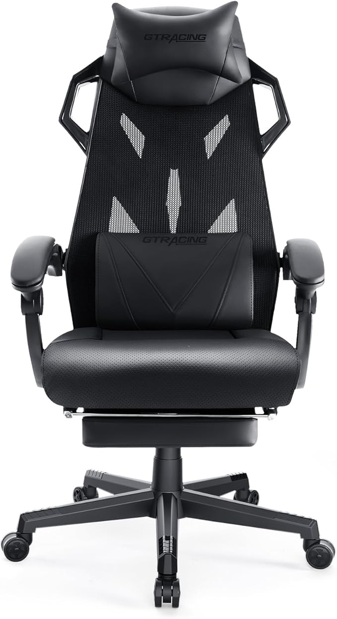 GTRACING Gaming Chair, Computer Chair with Mesh Back, Ergonomic Gaming Chair with Footrest, Reclining Gamer Chair with Adjustable Headrest and Lumbar Support for Gaming and Office (Black)
