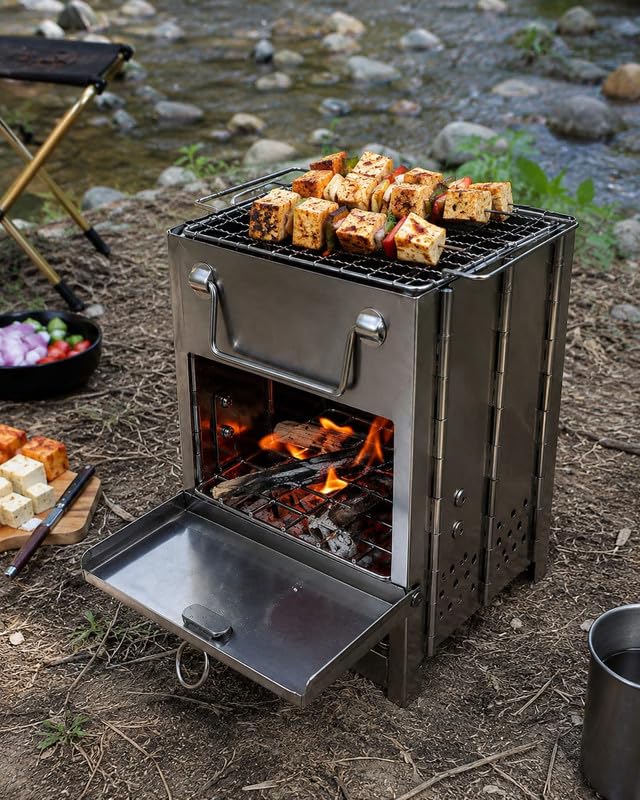 Image of GION Folding Wood Stove Portable Stainless Steel Camping Stove Easy to Carry Compact Design with Carry Bag for Backpacking Hiking Cooking (Small - 24 * 15 * 21cm)