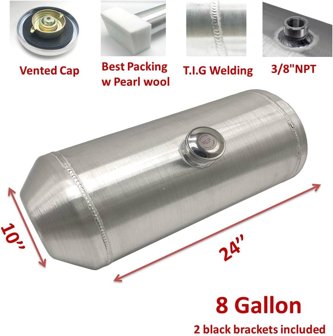 JSD 8 Gallons 10"x24" Aluminum Auxiliary Spun Round Gas Tank Fuel Cell Tank Center Fill 3/8" NPT Outlet