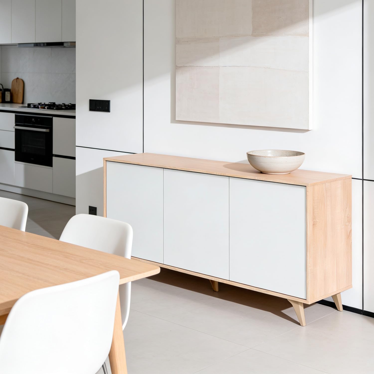Credenza 3 Ante Con Apertura Push Madia Mobile Contenitore Moderno Con 6 Ripiani Interni Per Soggiorno Sala Da Pranzo Ingresso E Camera Da Letto Stile Nordico 154 x 40 x 75 Cm Rovere E Bianco