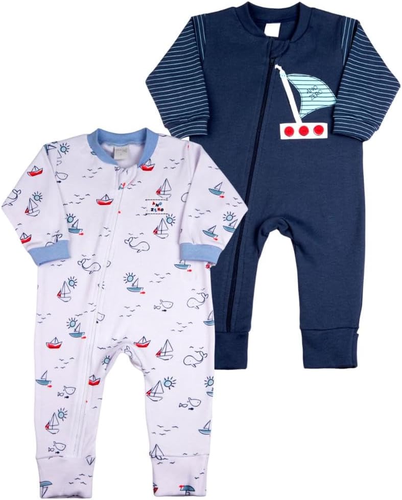 Macacao Bebe Suedine Ziper Menino Estampado e Liso Kit Macacão Suedine Algodao Barquinhos 2 Pecas – Branco