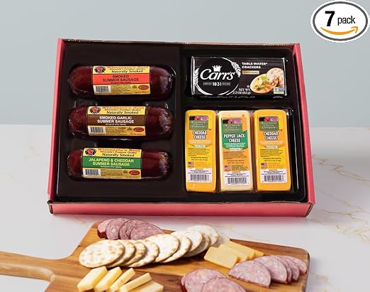 Wisconsin Cheese Company - The Snacker Gift Box - 100% Wisconsin Cheddar & Pepper Jack Cheese, Smoked Sausage & Cracker Gift Box | Perfect for Parties, Charcuterie Boards and Birthday Gifts | Great Father's Day Gift