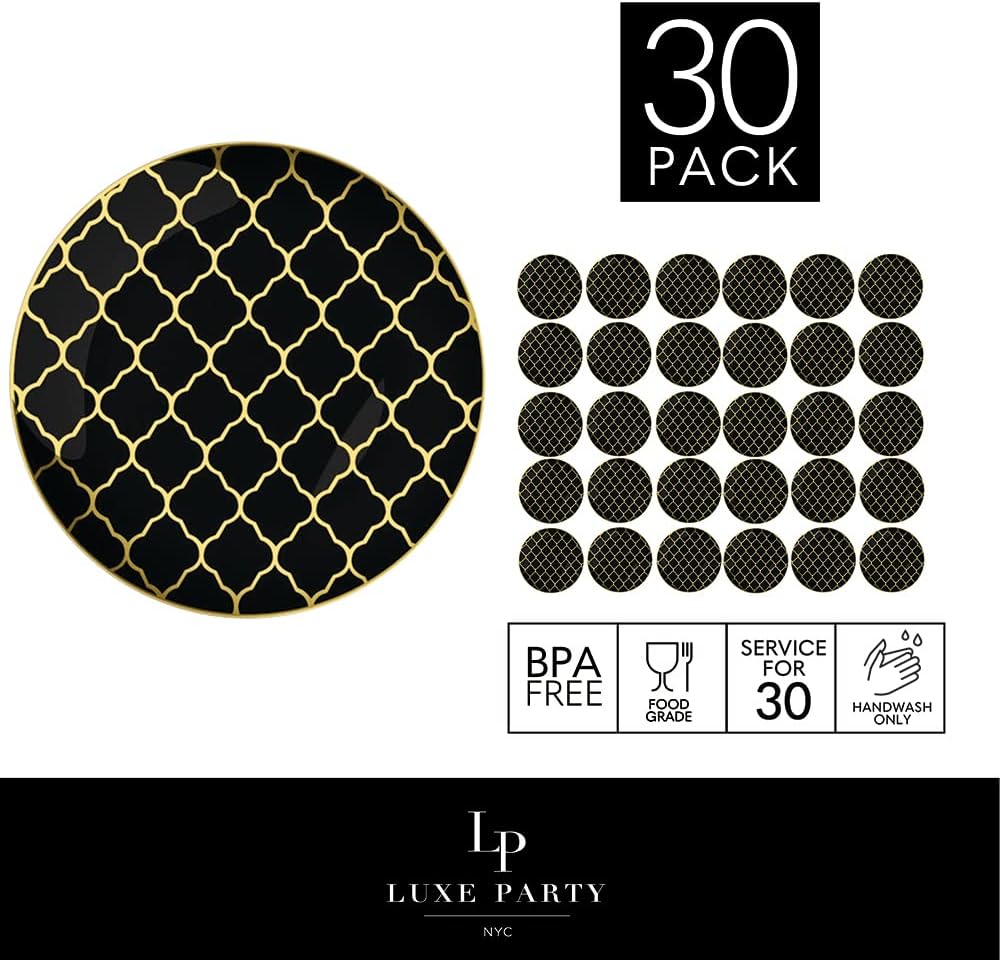 LUXE PARTY NYC Plastic 30 Pack Dinnerware Plates | Disposable| 10.25" | Dinner Plate | Dinner | Buffet| Partyware| Party Supplies | Holidays | Gold Black