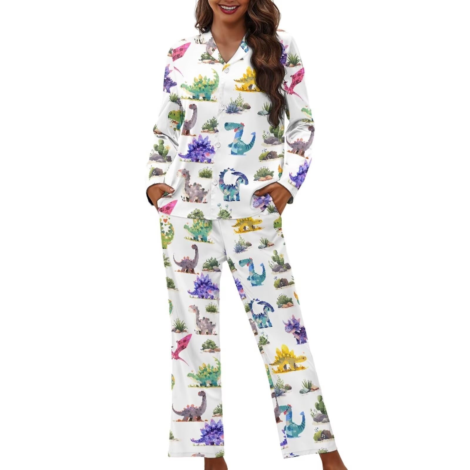 Irisjudy Womens Two-piece Sleepwear Long Sleeve Pj Set, Floral Casual Loungewear Soft Button Down Pajamas Set with Pockets
