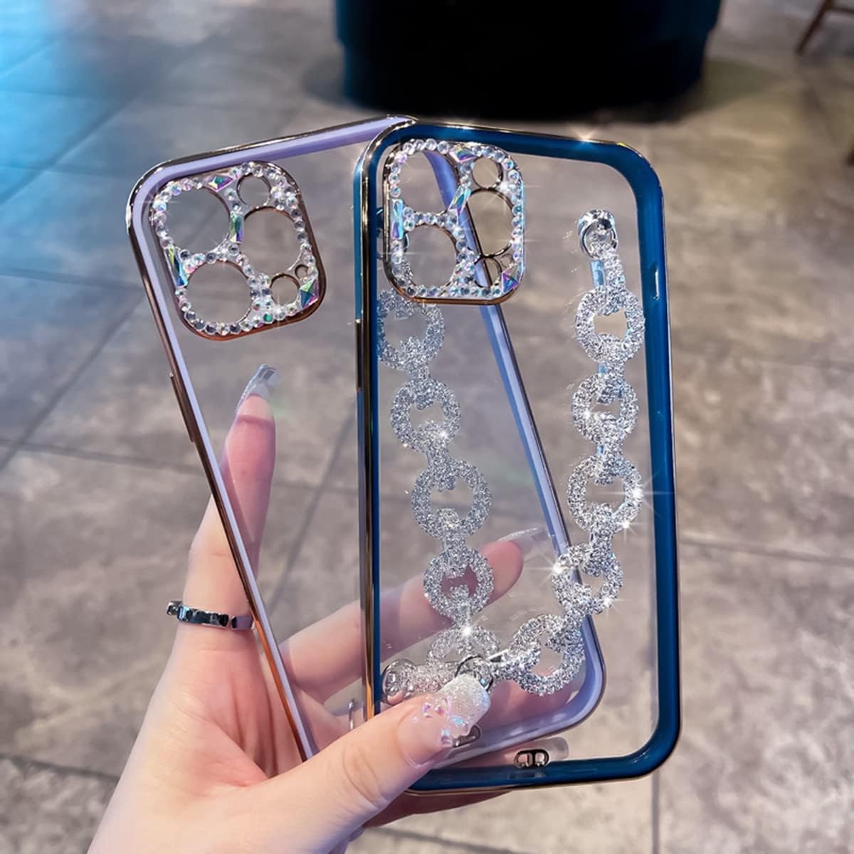 Transparent Phone Case for iPhone 12 Pro with Shining Bracelet Chain, Soft TPU Wrist Strap Chain Protective Cover for Women Girls, Lovely Clear Slim Shockproof Shell for Purple iPhone 12 Pro