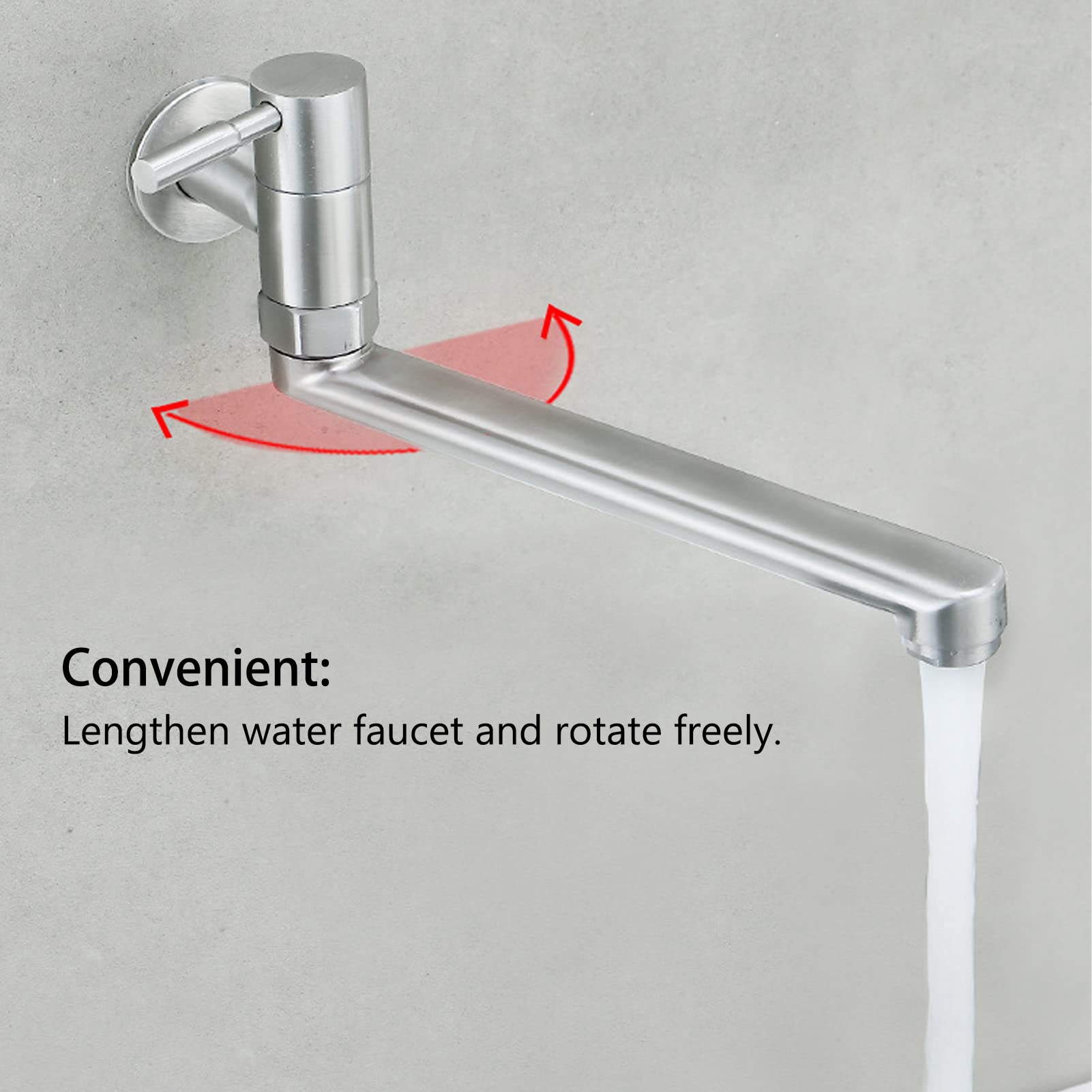 Grifo de Baño y Cocina de Pared G1/2 - Acero Inoxidable, Montado en la Pared, 360° Caño Giratorio Alargado para Lavabos, Fregaderos, Piscinas y Balcón