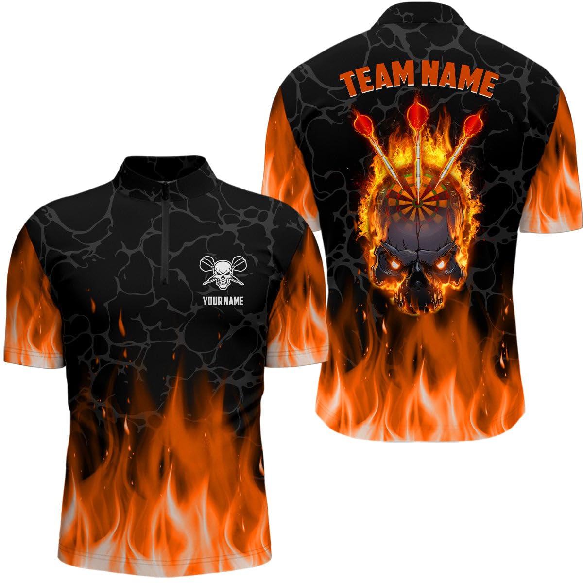 Orange Flammen Schädel Darts Polo & Quarter-Zip Shirt – Individuelles Gruseliges Darts Shirt für Herren & Damen – Dart Trikots L1421