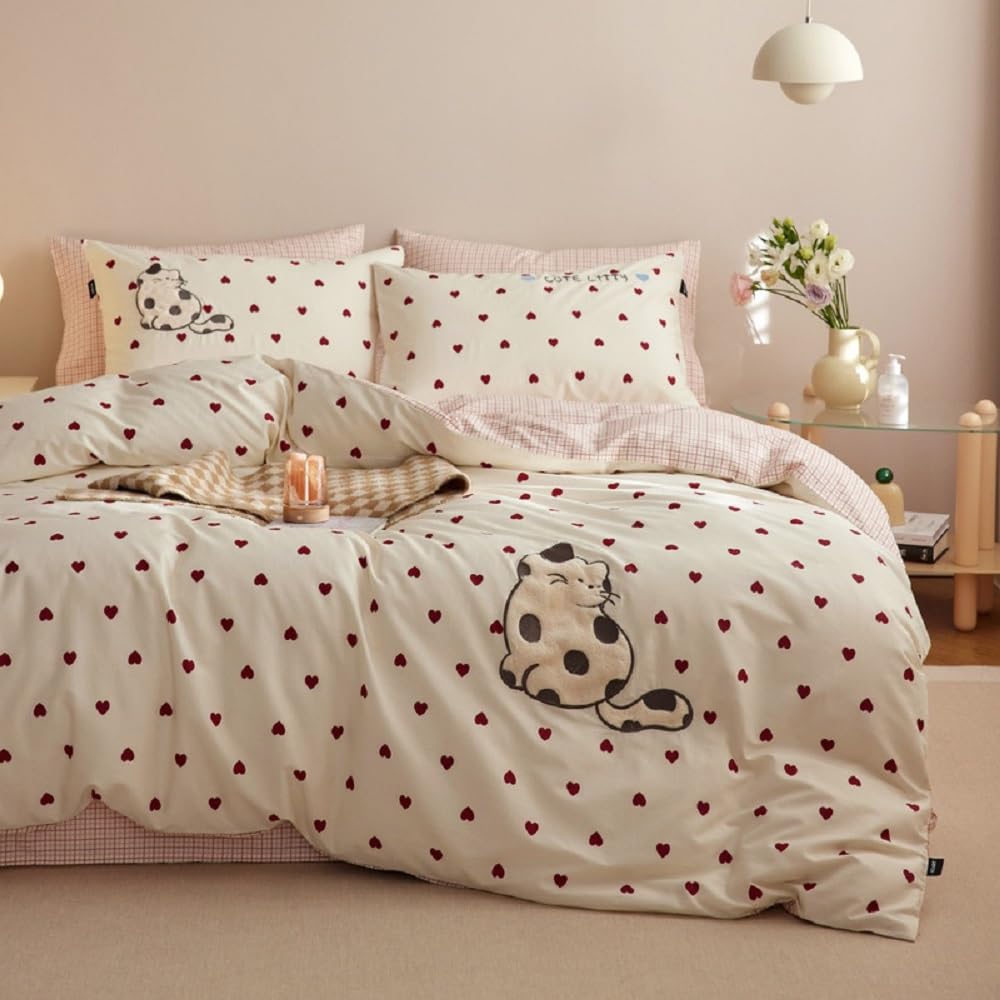 Lanqinglv Bettwäsche 200x220 cm Herzen Katzen Rot Weiß Stickerei Bettwäsche Kinder Mädchen, ÖKO-TEX Bettbezug mit Reißverschluss und 2 Kissenbezüge 80x80cm