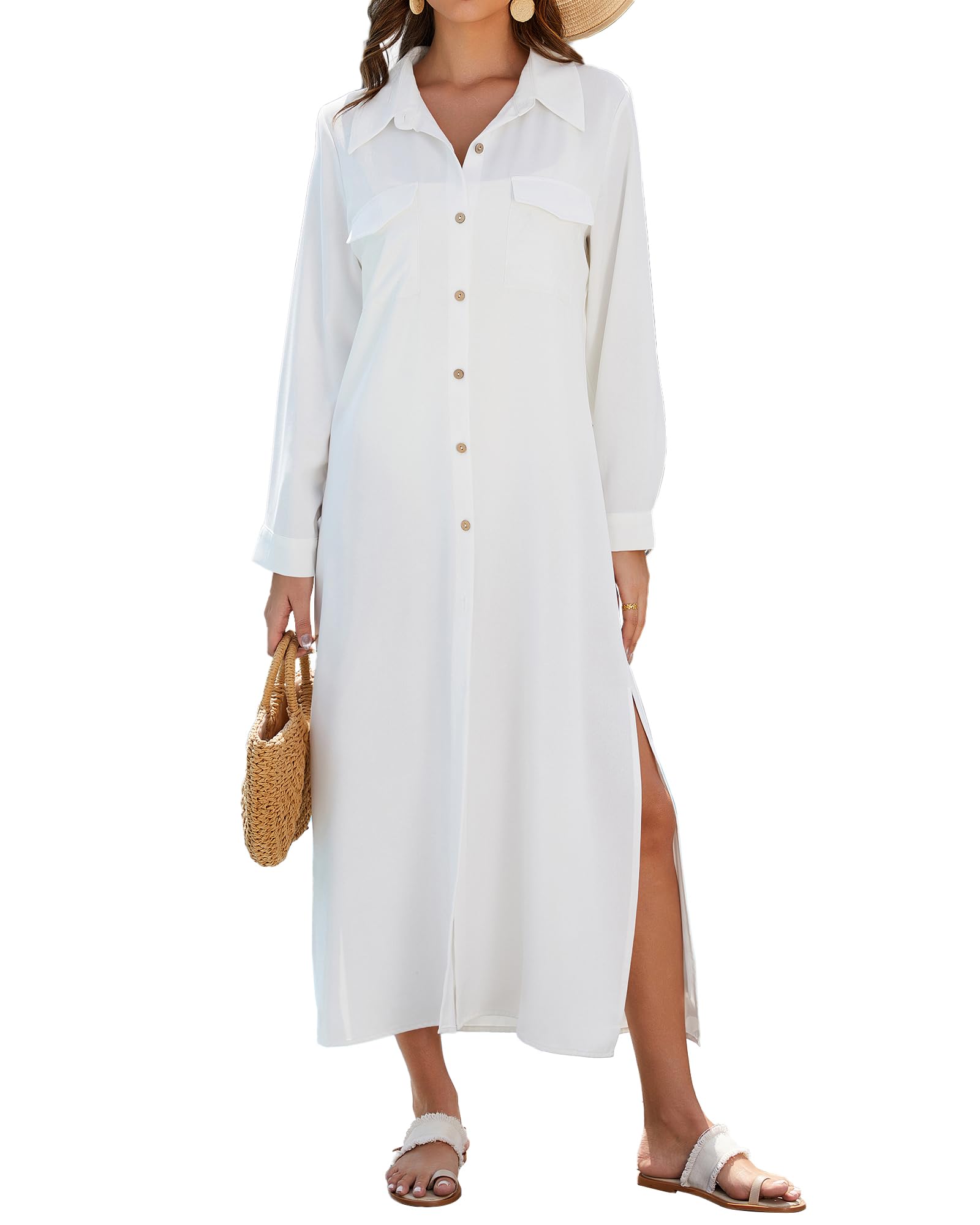 bsubseach Women's Swimwear Cover Ups Long Sleeve Button Shirt Dress Beach Cover Up Kimono Beachwear Holiday-picture-25