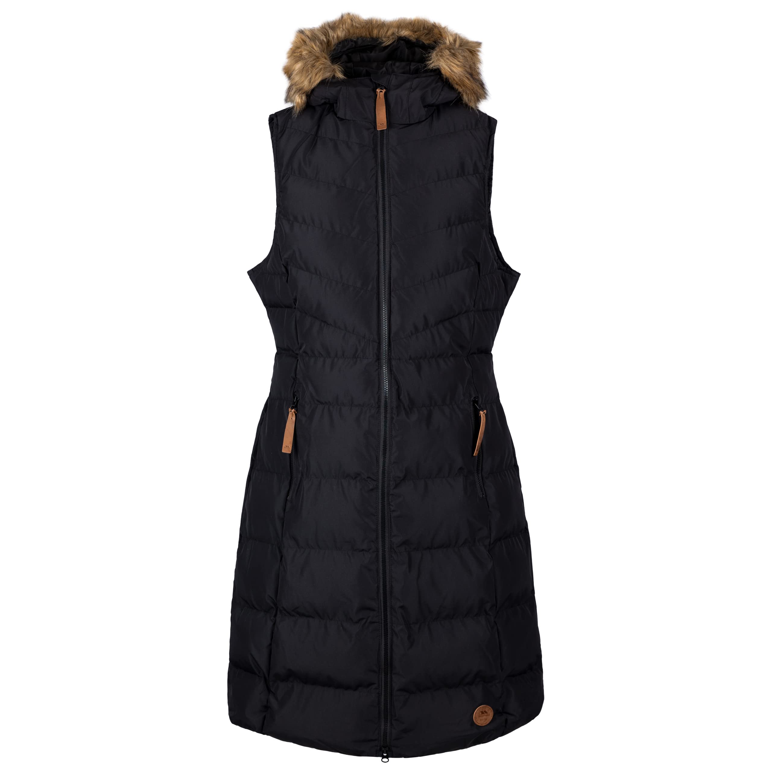 Trespass Women's Black Gilet Audrey - Longer Length Body Warmer Hooded With 2 Pockets, Gilet With Hood, Longline Padded Gilet, Sleeveless Jacket, Puffer Coat Size 8