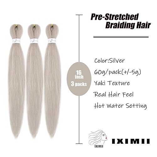 Miniatura 2 de IXIMII Cabello trenzado preestirado de 16 pulgadas, paquete de 3 paquetes de cabello trenzado Kanekalon plateado, trenzas largas y lacias,
