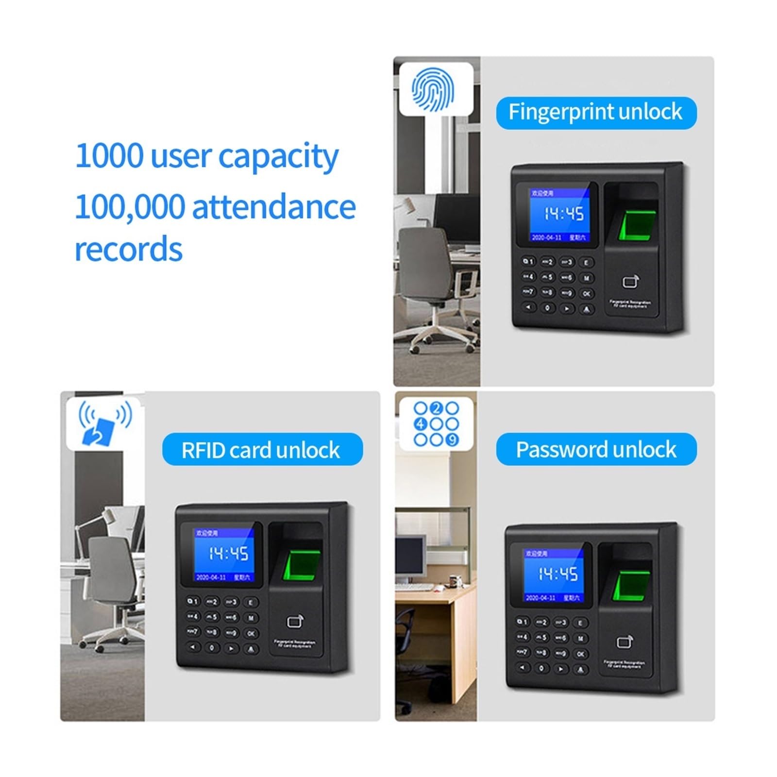 Orologio marcatempo, 1000 utenti scanner di impronte digitali biometrico RFID EM controllo accessi for ufficio fabbrica USB registratore presenze macchina