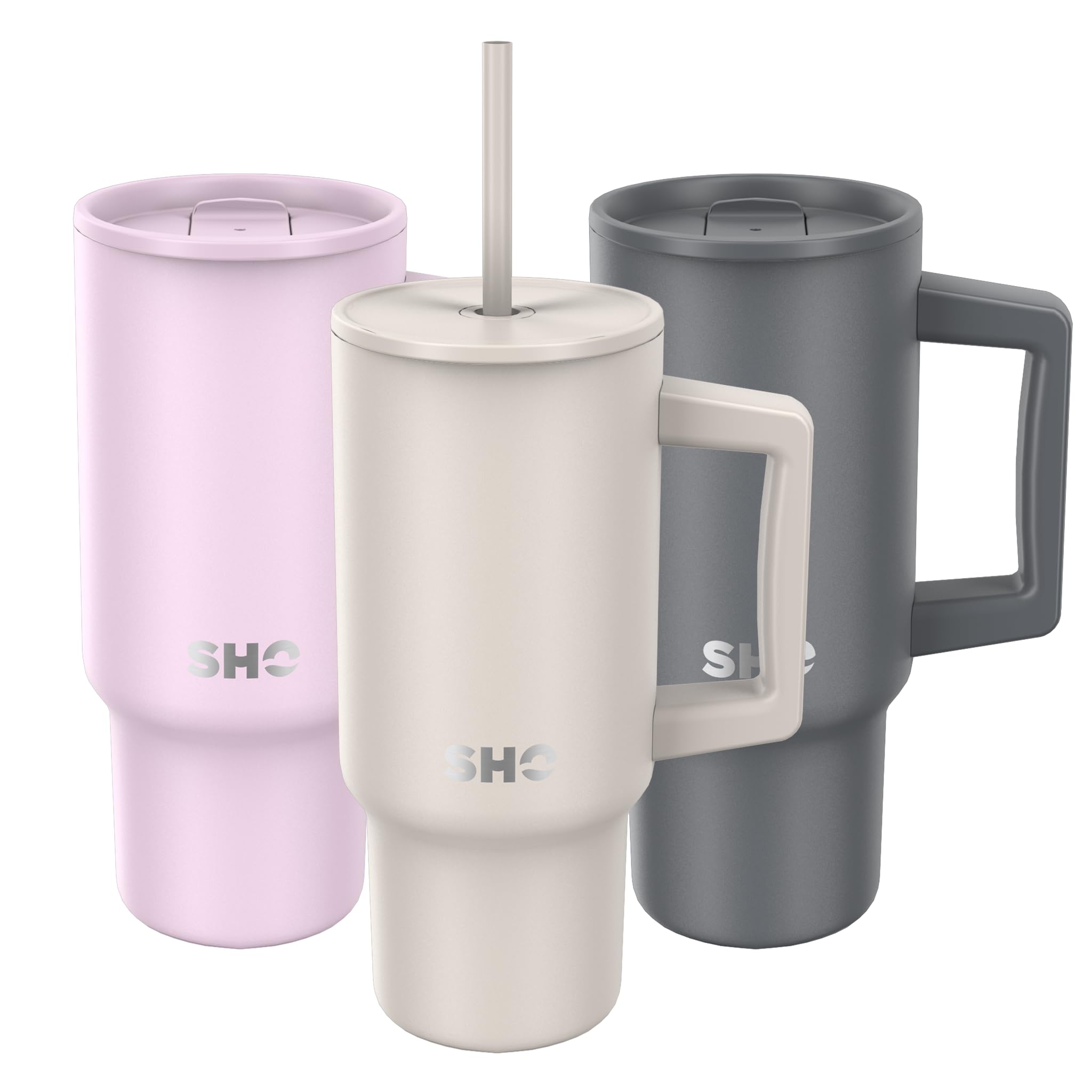 SHO XL Tumbler, Insulated Stainless Steel Reusable Water Bottle Iced Coffee Travel Mug with Handle, Straw Lid & Slider Lid
