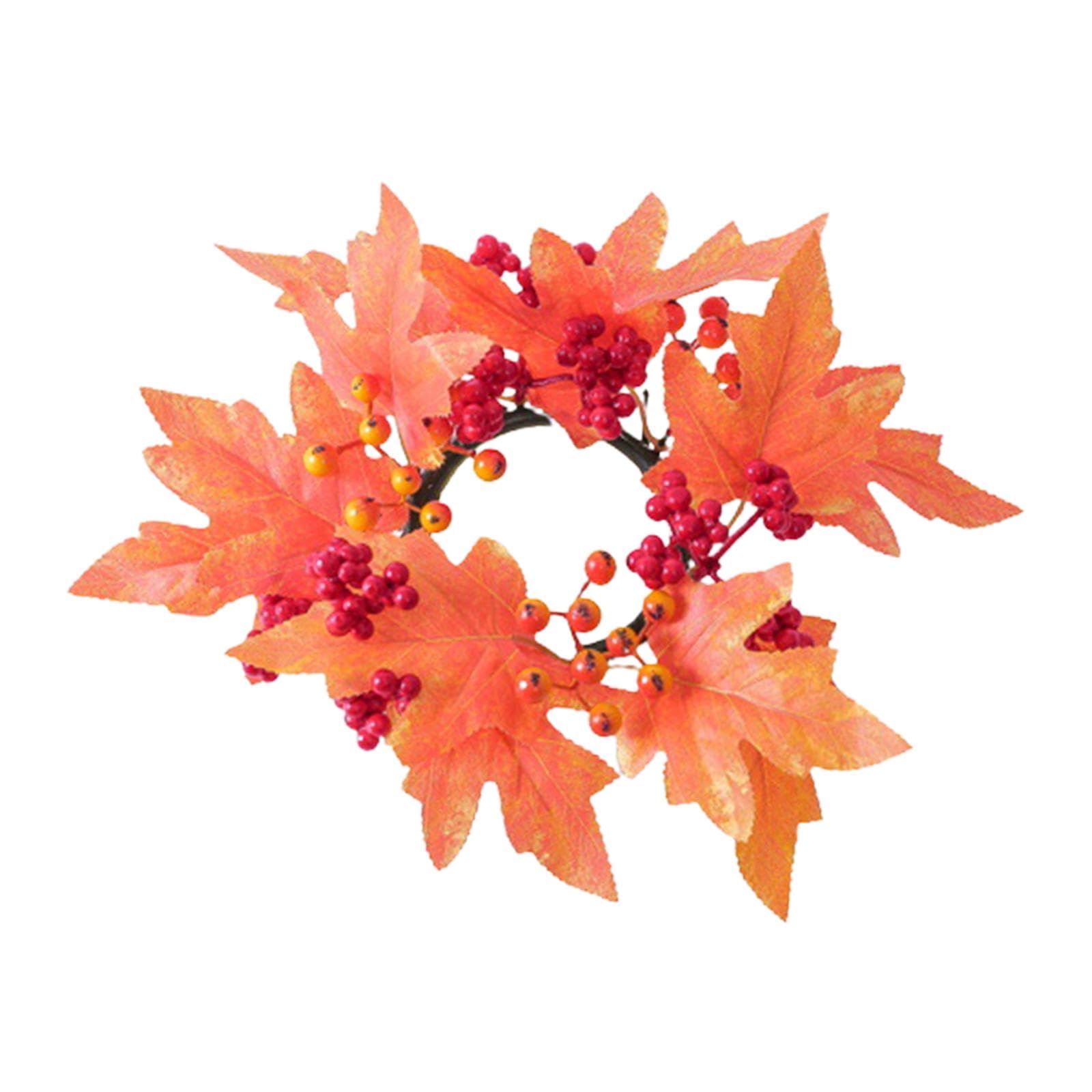 shamjina Maple Leaves Wreath Mini Candle Wreaths Rings Flower Arrangement Autumn Candle Rings Fall Candle Ring for Pillar for Bar Cafe Tabletop Decor, Orange