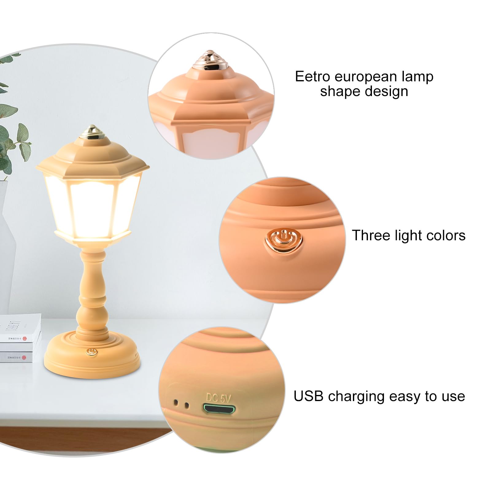 Mini Vintage LED Schreibtischlampe Dimmbar Tisch-Leselampe mit USB-Ladeanschluss, Empfindliche Steuerung, Augenpflegende Bürobeleuchtung - Schön Dekorativ (Gelb)