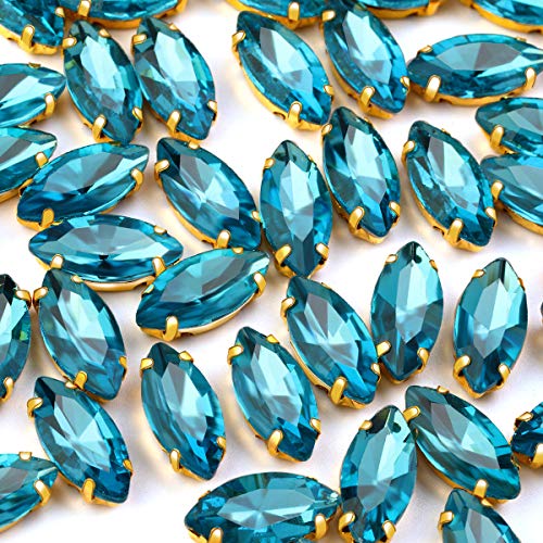50Pcs Sew on Rhinestones 9x18 mm Flatback Glass Rhinestones Horse Eye Rhinestones with Gold Claw for DIY Crafts Clothes Bag Shoes,Lake Blue