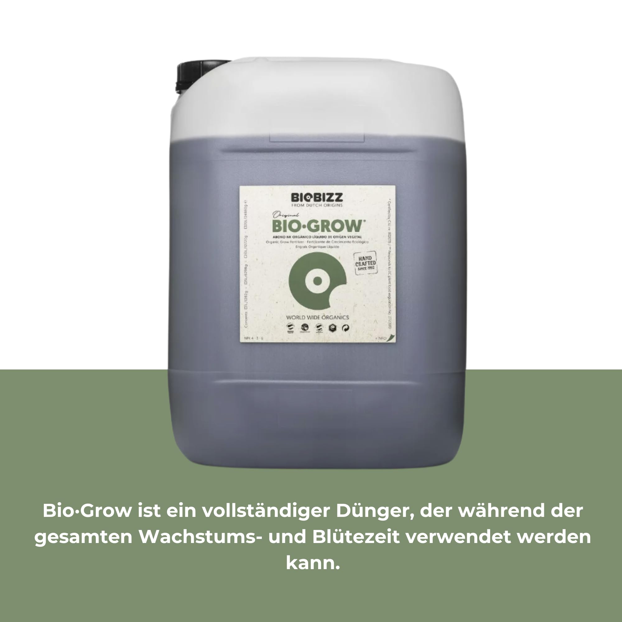 GROWMANIA Fertilizante Bio Grow de BioBizz 10 L + Muestra Boost Up de Up Nutrients + Vaso Medidor | Abono 100% Orgánico para Etapa de Aumento de Plantas y Cultivos | Sustrato Natural Todo Tipo Tierras