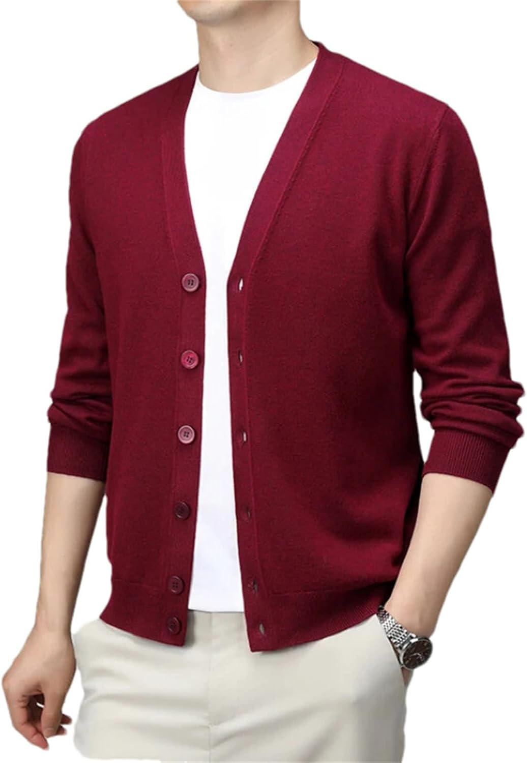 Spring V-Neck Solid Color Cardigan Men Business Casual Sweater, Stretchable, Warm, Knitted Sweater