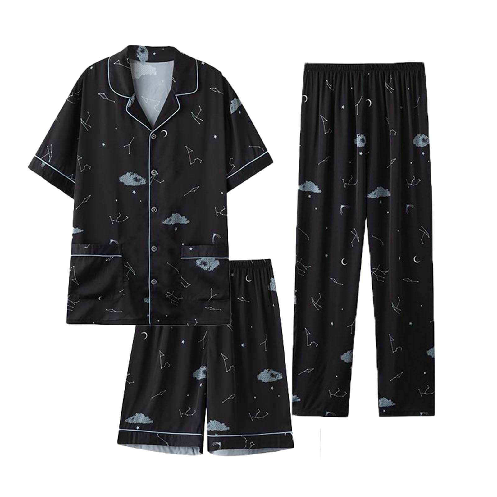 3-Pcs Pijamas de satén para Hombre Set de Verano Tamaño Plus Botón Arriba Pantalones Cortos de Manga Corta Pjs Set L-3XL