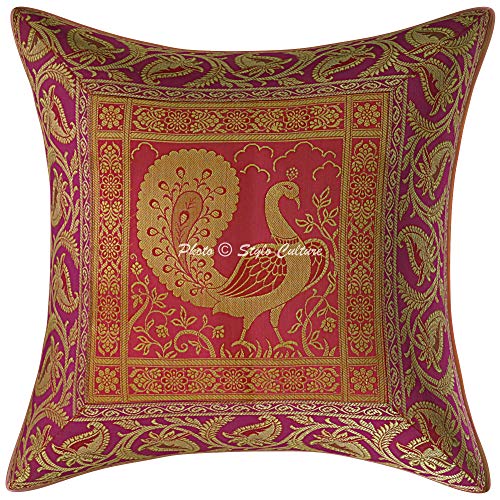 Image of Decorative Brocade Cushion Cover 16x16 Inch Banarasi Jacquard Weave Living Room Decor Magenta & Gold Peacock Traditional Square 40x40 cm Zippered Sofa Settee Pillowcase -1 Pc