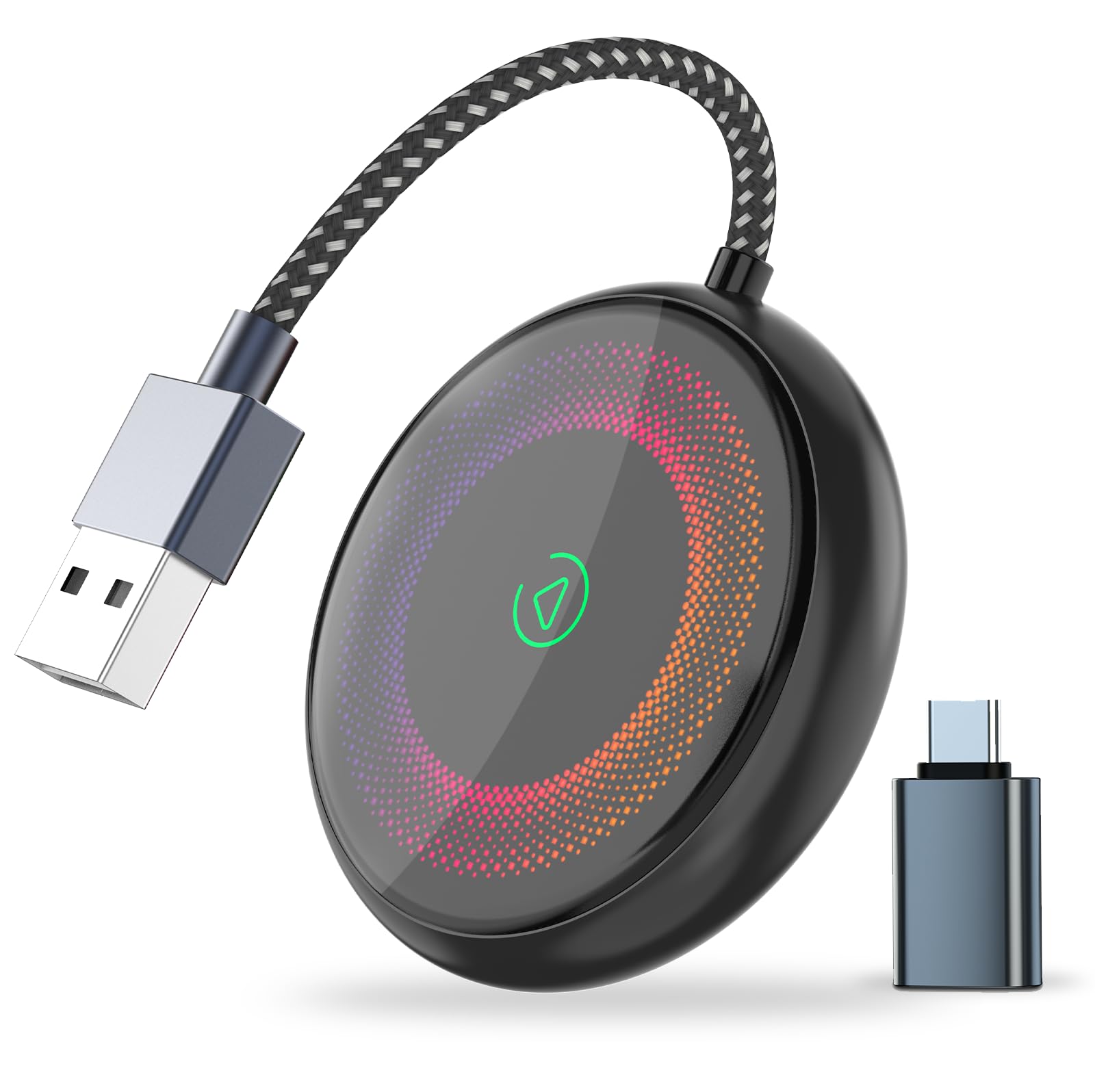 RABIBARI Wireless CarPlay Adapter, Voice-Controlled Rainbow Lights, Fastest Apple Car Play Dongle 2025 Upgrade 5G Chip Mini Box for iPhone, Instant Connectivity, Plug&Play, USB/Type C, R4-U2Pr