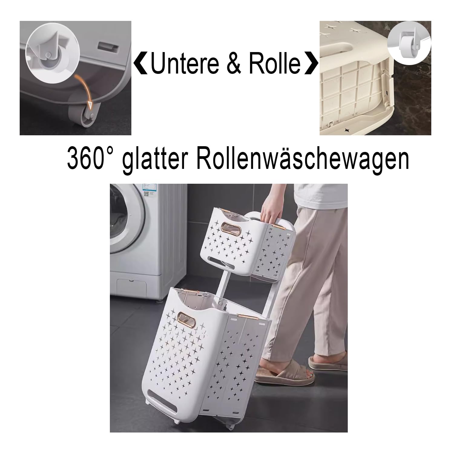 Hooha Faltbarer Wäschekorb Auf Rollen 2 Fächer Wäschekorb Plastik 77 Liter Wäschewagen für Schmutzwäsche/Spielzeug/Reinigungsmittel Aufbewahrung 34.5cm X 26cm X 75cm Storage Basket 2er Set