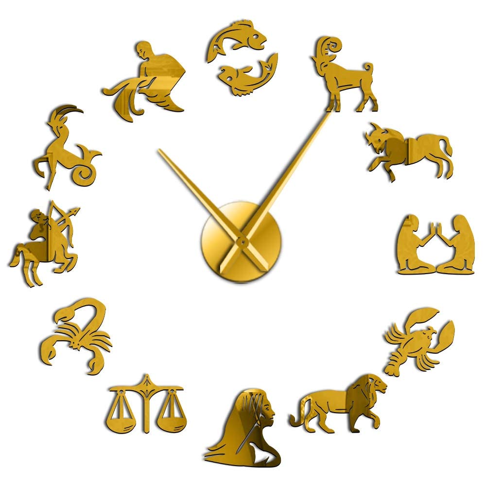 VCS Zodiac Signs Wall Art Stickers Exclusive Wall Clock Constellation DIY Giant Wall Clock Astrology Hanging Clock Watch Home Decor(Golden,37inch)