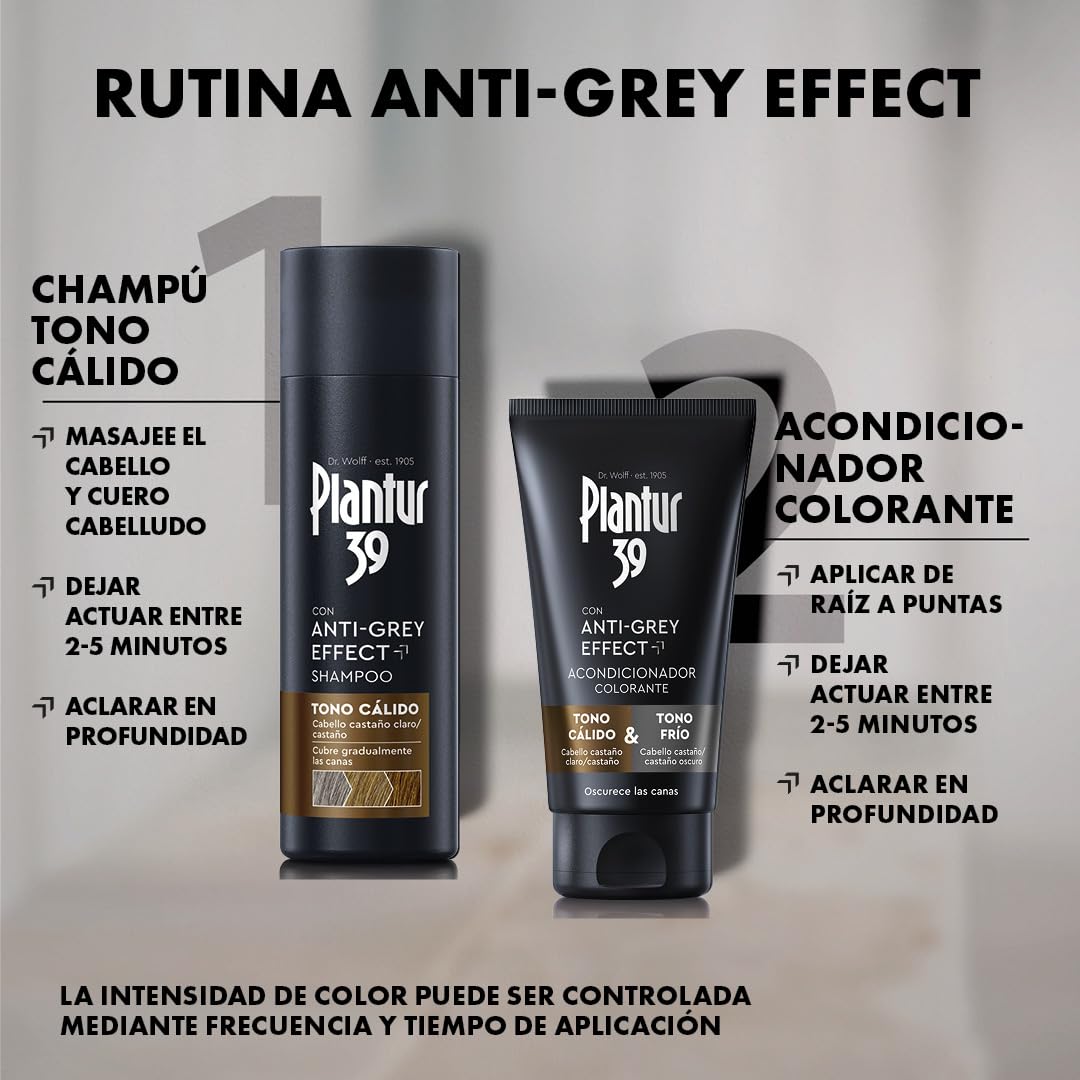 Plantur 39 Anti-Grey effect 5,6-DHI & Caffeine Shampoo Tono Cálido 200 ml + Acondicionador Colorante 150 ml | Cabello gradualmente más oscuro y fuerte | Disimula las canas de forma controlada