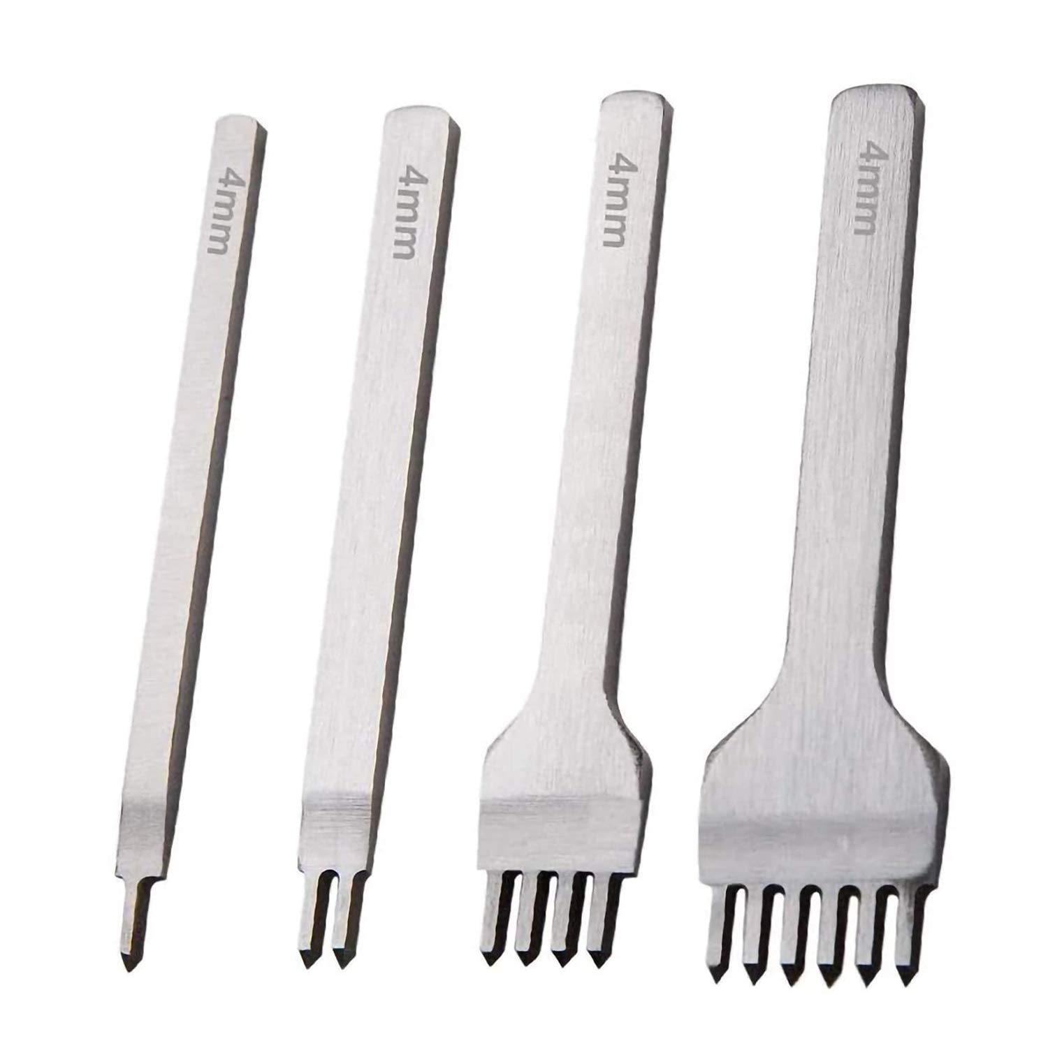KEWAYO 4 Pieces Leather Punch Tool, White Steel 4mm 1/2/4/6 Prong DIY Diamond Lacing Stitching Chisel Set Leather Craft Kit, for DIY Leather Craft Punching Hole