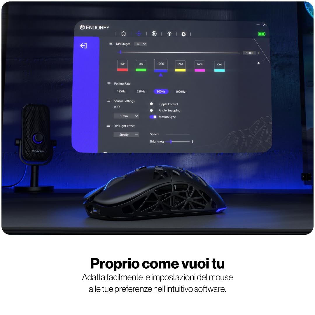 ENDORFY LIV Wireless, mouse da gioco, mouse senza fili, design ultraleggero (69 g), massimo 12.000 DPI, PixArt PAW3311, Kailh GM 4.0, 2,4GHz, BT, USB-A, retroilluminazione ARGB, EY6A018