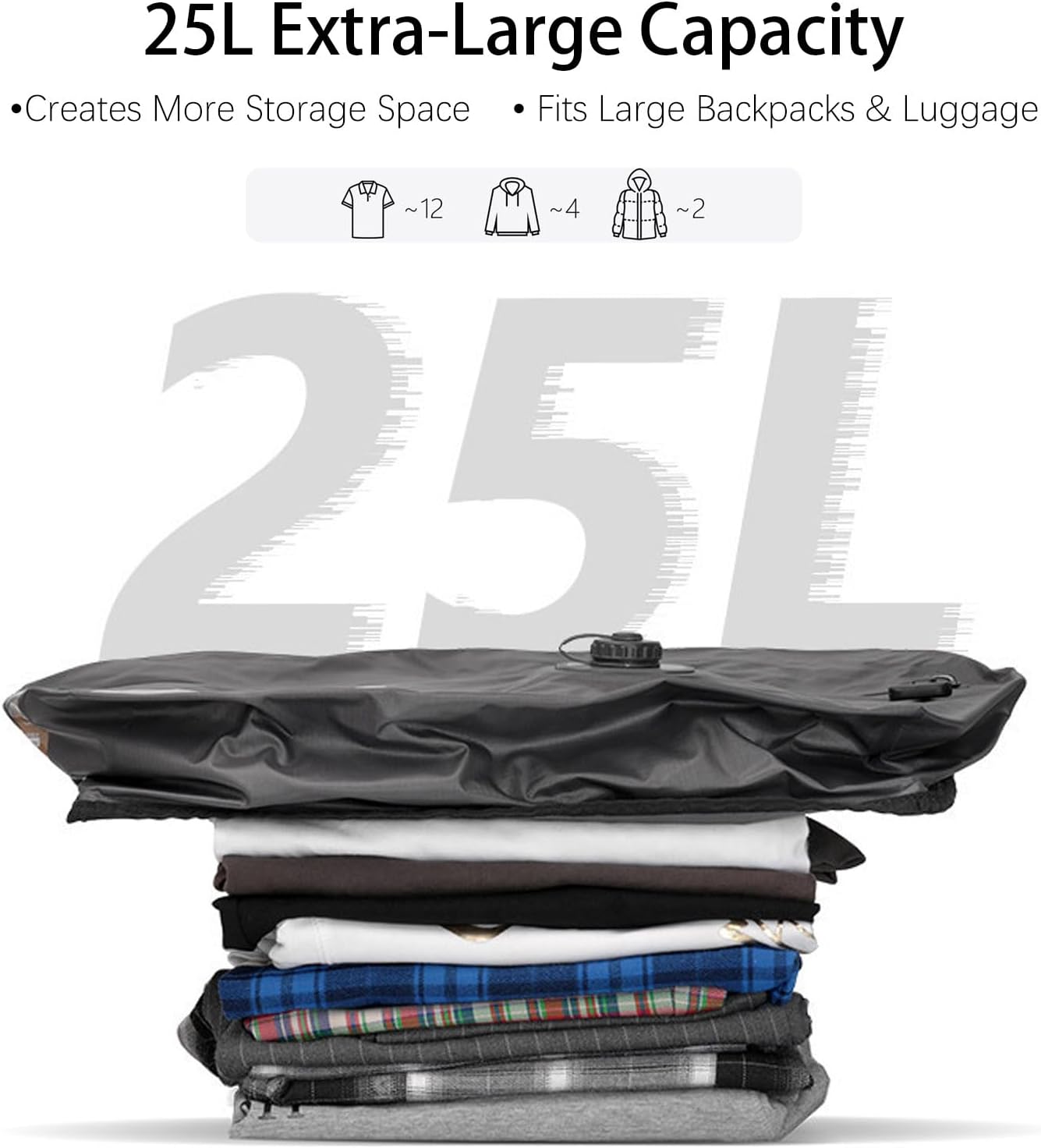 25L Travel Vacuum Bags with Built-in Pump,Compression Travel Bags for Carry-On Suitcases & Backpacks,IP68 Waterproof Zipper,Reusable,Durable Saver Bag for Clothing Packing