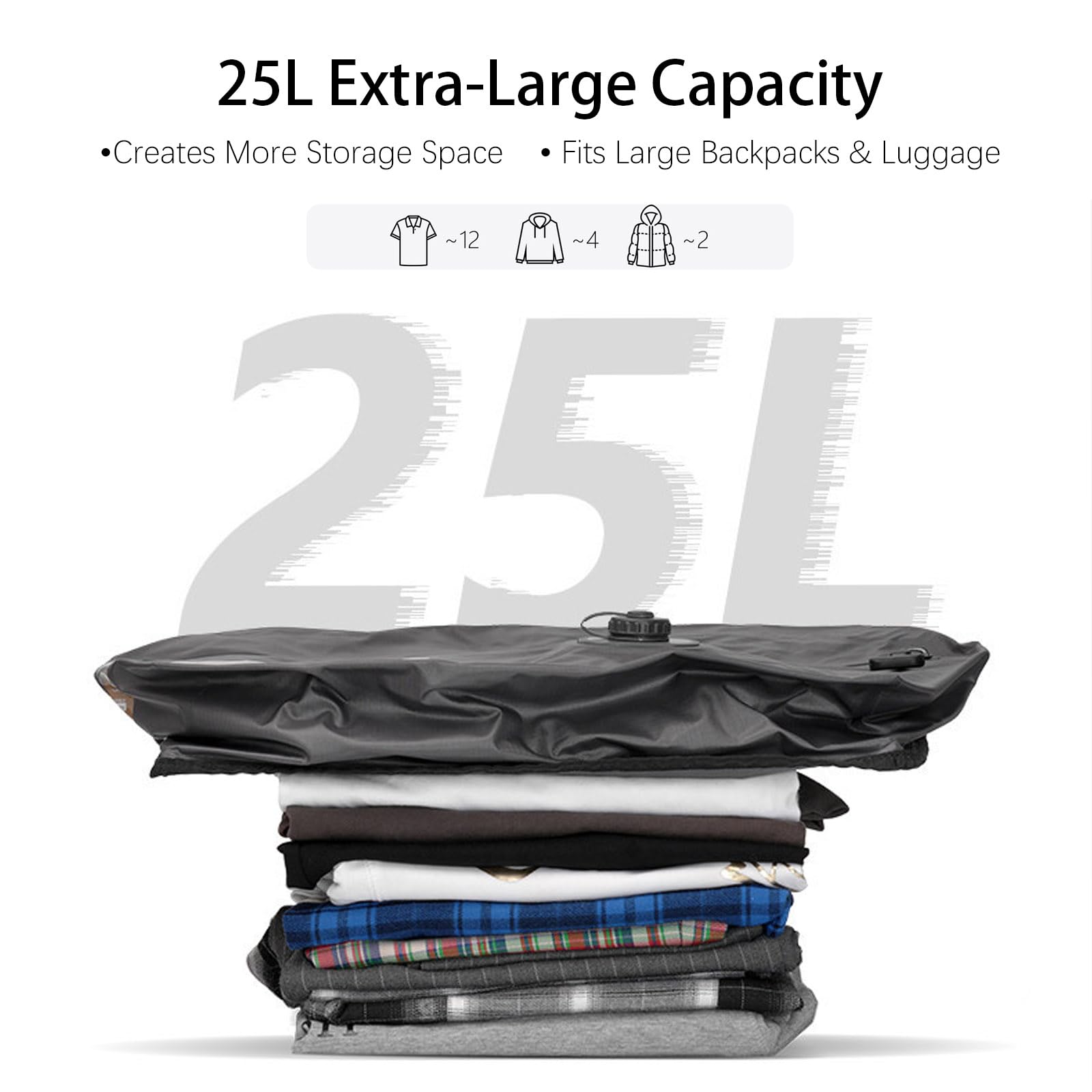 Bolsas de vacío con bomba inalámbrica, compresión reutilizable, ahorro de espacio para viajes, ventana visual, selladas y sin polvo, cubos de embalaje impermeables IP68 para maletas y mochilas (negro