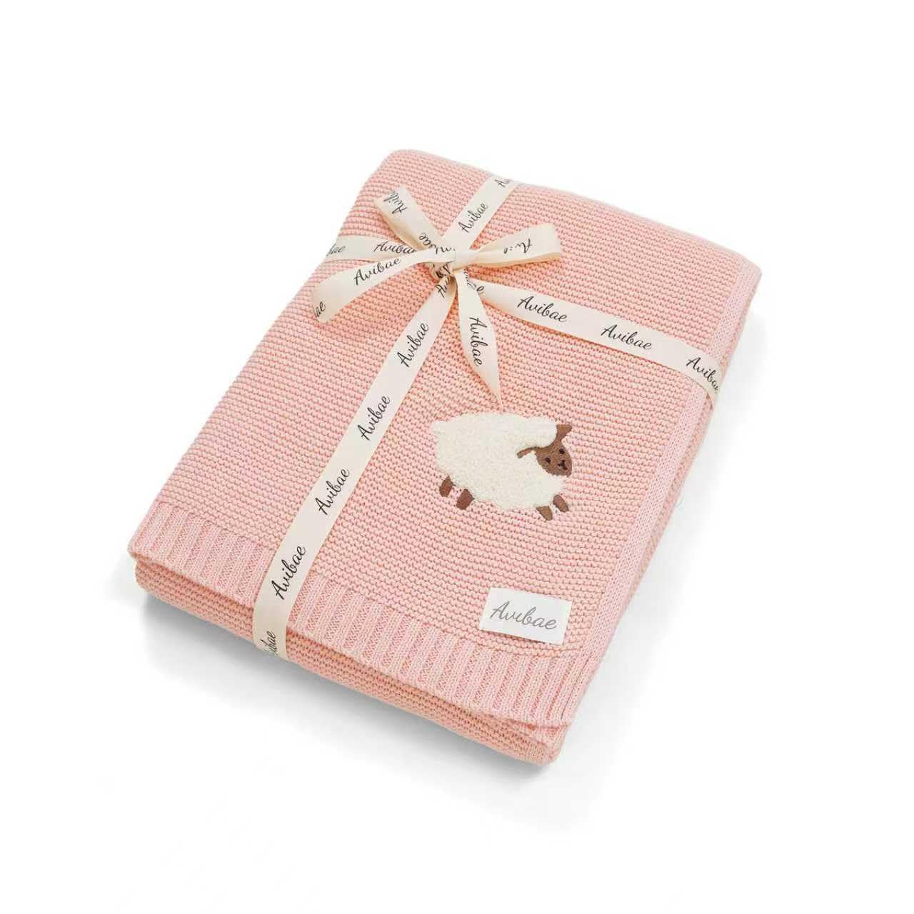 Avibae Cotton Baby Blanket for Newborns, Receiving Knit Blanket for Pram, Cot & Car Seat with Cute Lamb Pattern 100x80cm