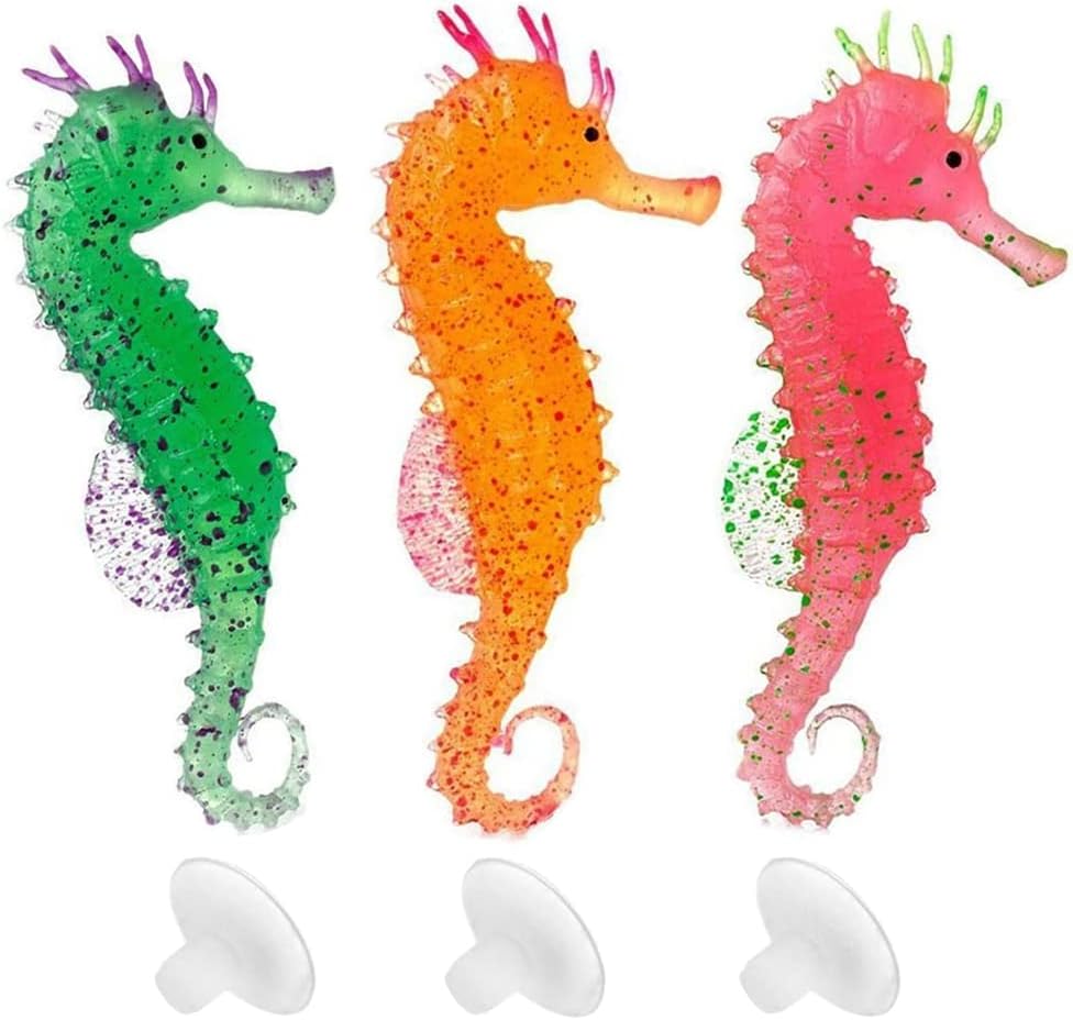 Mesee 3 Pieces Aquarium Ornament Floating Seahorse, Fish Tank Undersea Animal Landscaping Decor Silicone Luminous Artificial Sea Horse Glowing Effect Decoration for Aquarium Fish Tank