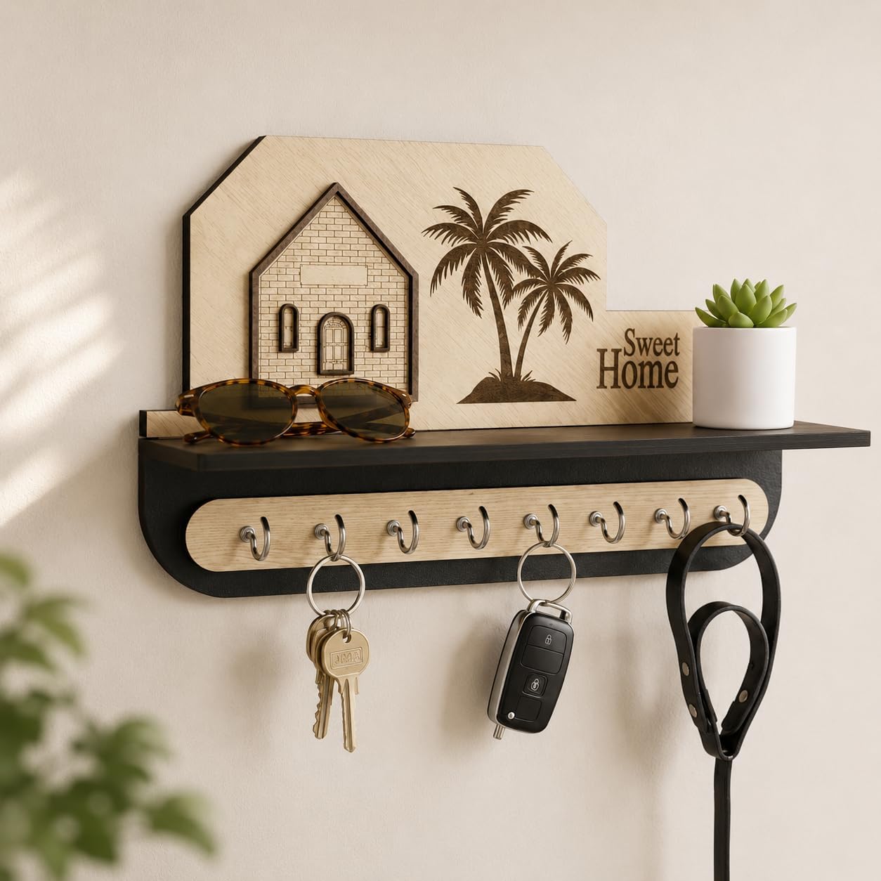 Wooden Wall Mounted Key Holder with Shelf, Sweet Home Wood Design, 8 Stainless Steel Hooks-image-24