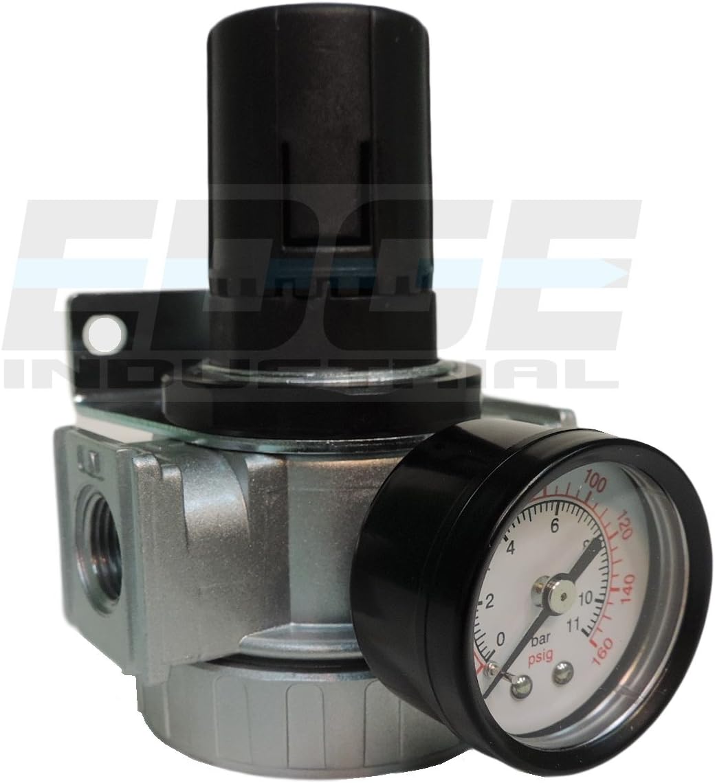 3/8" IN-LINE COMPRESSED AIR PRESSURE REGULATOR, 7 TO 150 PSI ADJUSTABLE, BRACKET, GAUGE