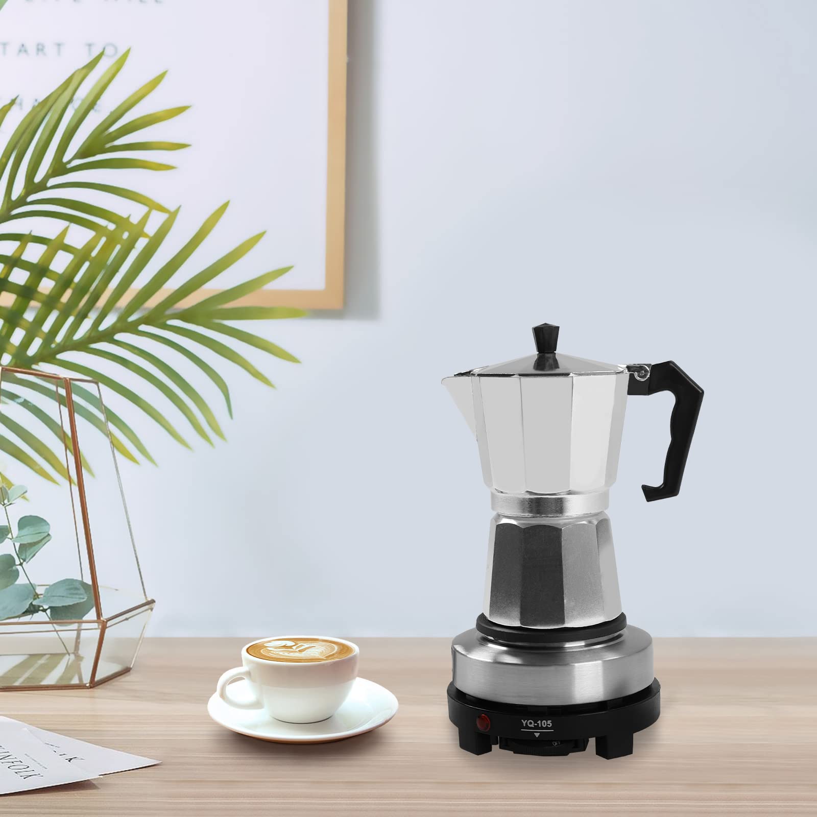 Cafetera de café espresso eléctrica, cafetera moka con placa de calefacción eléctrica, cafetera espresso pequeña, temperatura ajustable para camping (6 tazas)