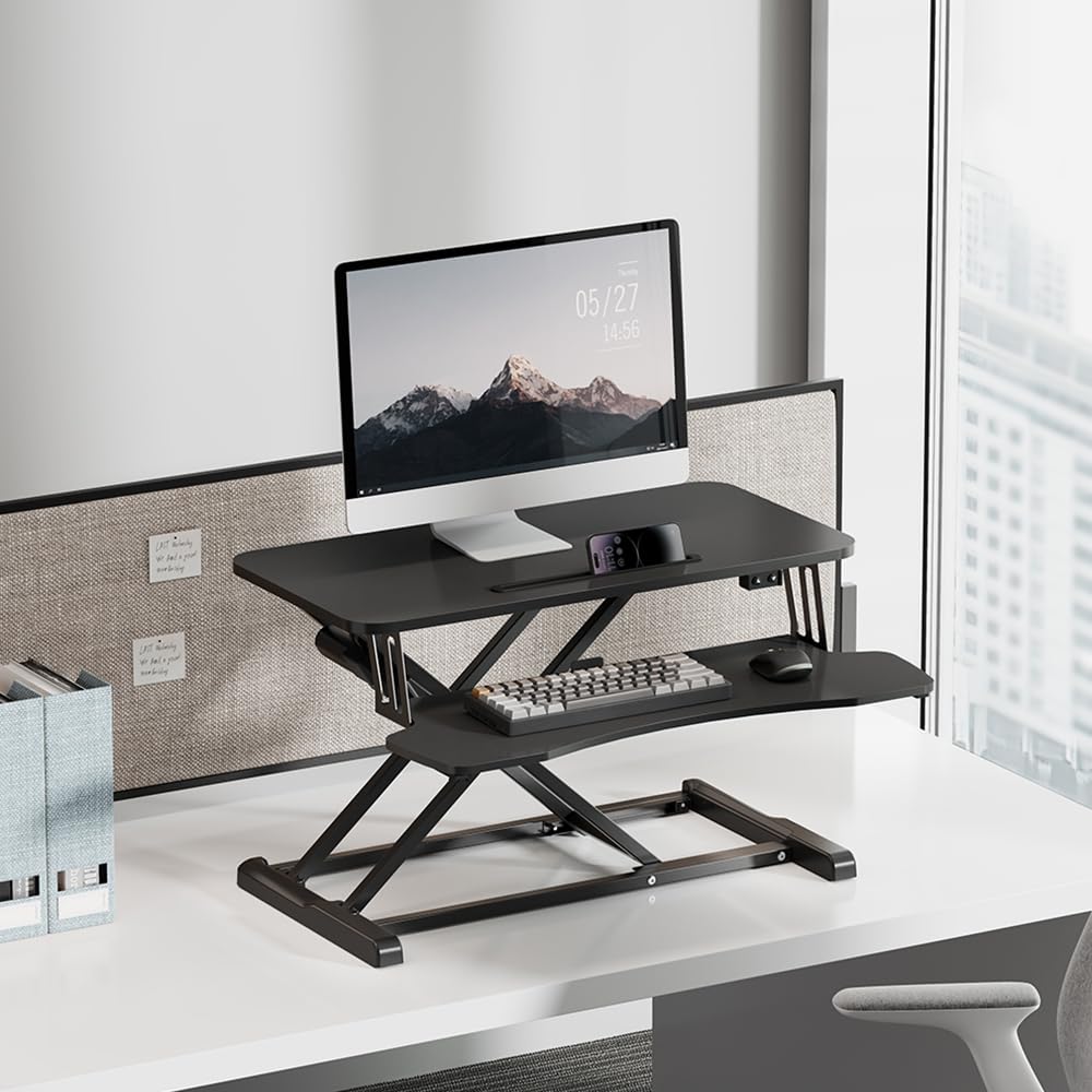 Spacetronik Schreibtischaufsatz Höhenverstellbar 15-68 cm, Steh-Sitz Schreibtisch mit X-Lift Mechanismus, Tastaturablage & Tablet-Slot, Stehpult freistehend, Traglast 20 kg, 80×40 cm