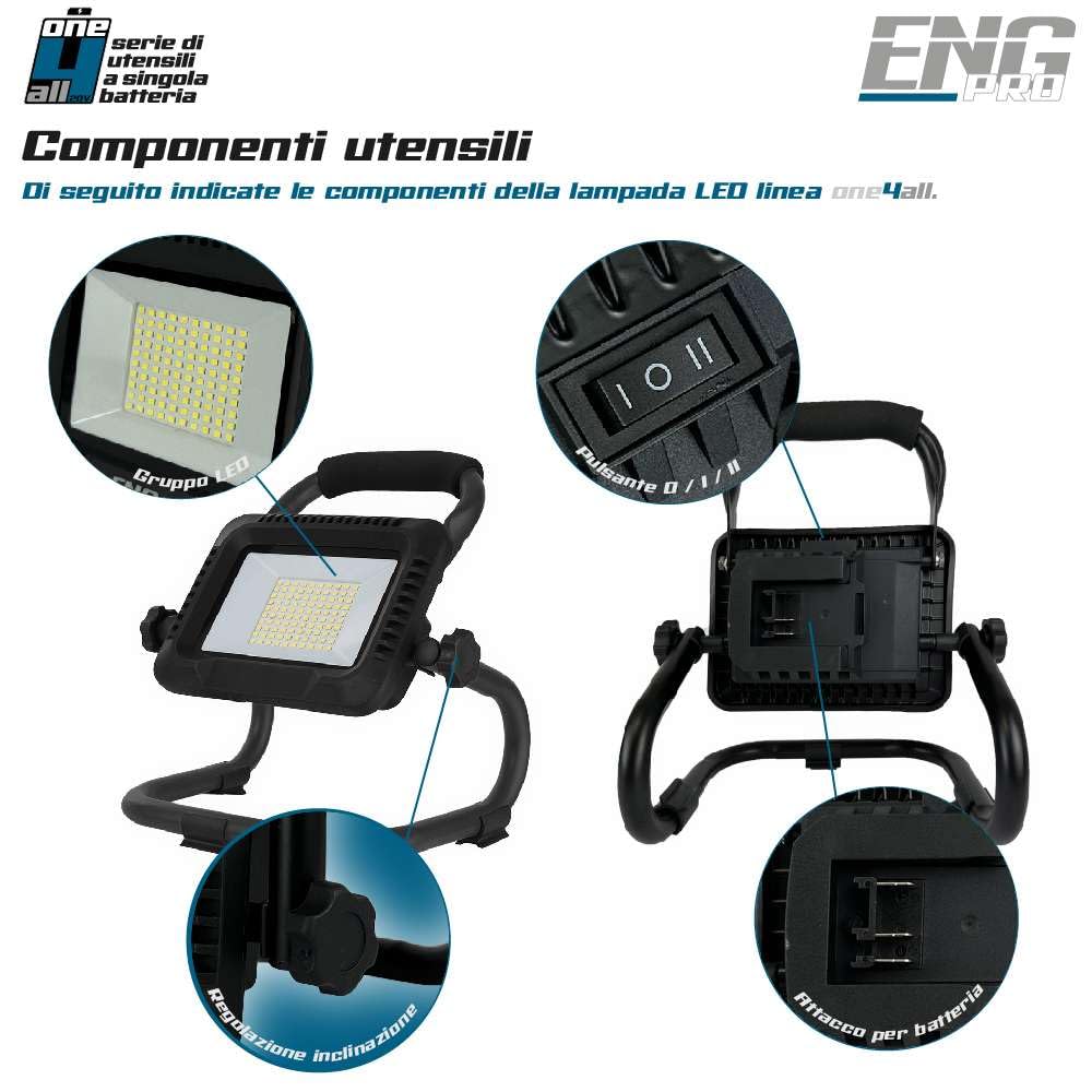 Faro Lampada 100 LED Luce da lavoro Faretto | Linea Professionale a Batteria ONE4ALL | 50 W Luminosità Regolabile fino a 5000 lm | 2 Batterie 2 e 4.0 Ah