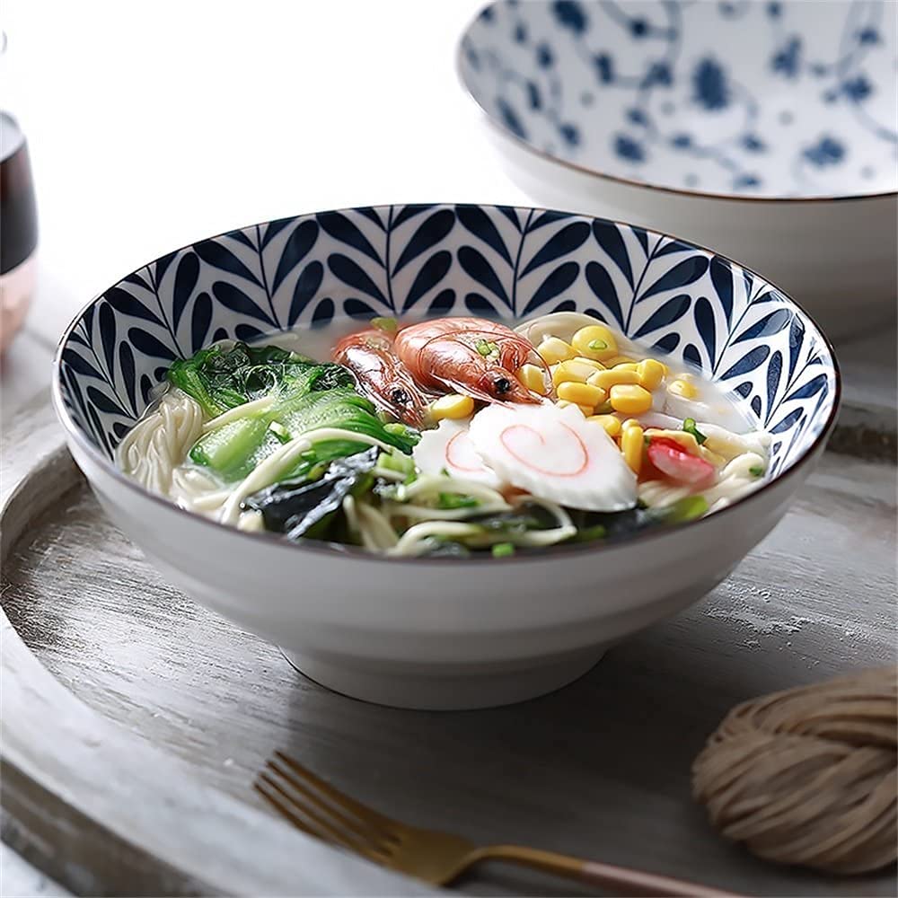 ERoomQ Pasta Bowls Large Soup Ramen Noodle Bowl Fruit Salad Mixing Serving Bowl Creative Hand-Painted Ceramic Tableware Microwave Safe 8 Inches,