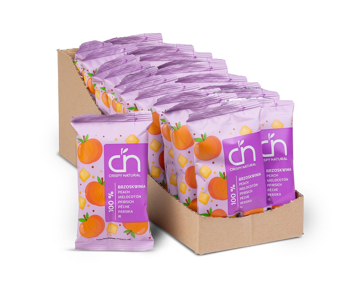 Crispy Natural Durazno Chips 20x12 g. Frutas Deshidratadas Naturalmente Crujientes. Snack Saludable Sin Azúcar Añadido, Sin Gluten. Fuente de Fibra. Pequeñas Porciones.