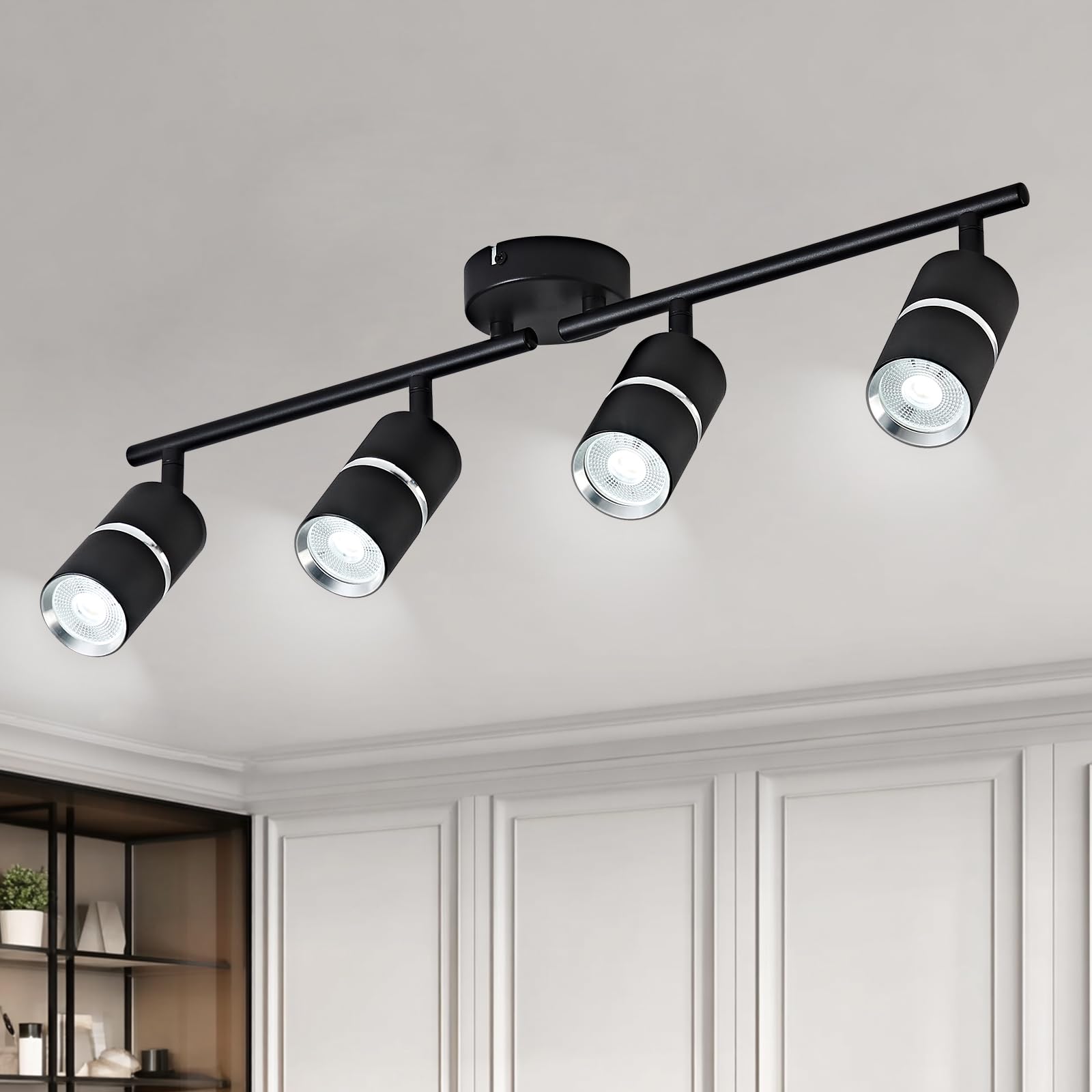 OKELI 4 Way Kitchen Lights Ceiling, Black Spotlights Ceiling Lights with Rotatable GU10 Socket Rods Adjustable Light Fitting Ceiling for Kitchen Bedroom Living Room, Bulb Not Included