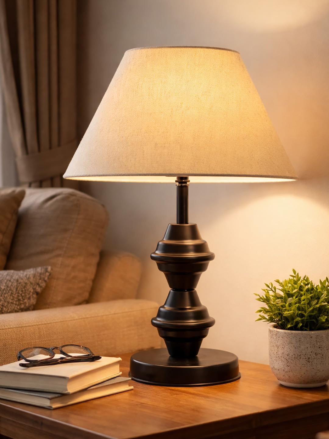 Modern Black Table Lamp with Turned Spindle Metal Base & Fabric Shade – Decorative Bedside Lamp for Living Room, Bedroom, Office Desk | Contemporary Nightstand Lamp (Jute)-image-24
