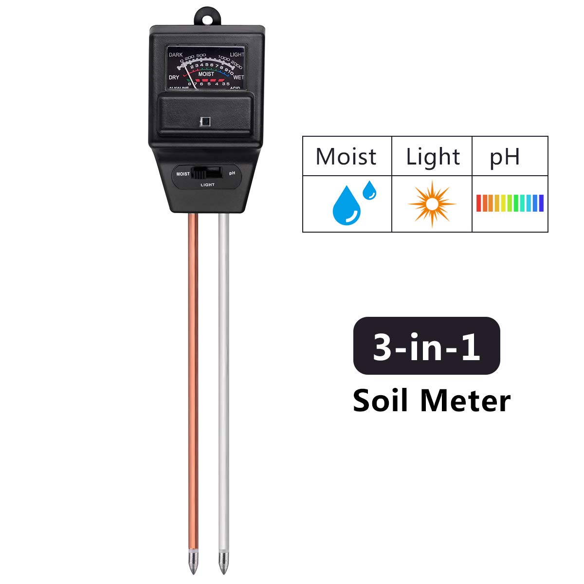 LeHatori Soil Ph Meter, 3-in-1 Soil Tester Moisture Light pH Meter Plants Vegetables Herbs Care Soil Testing Gardening Tool Kit for Home, Garden, Farm, Lawn, Indoor Outdoor Use (Black)