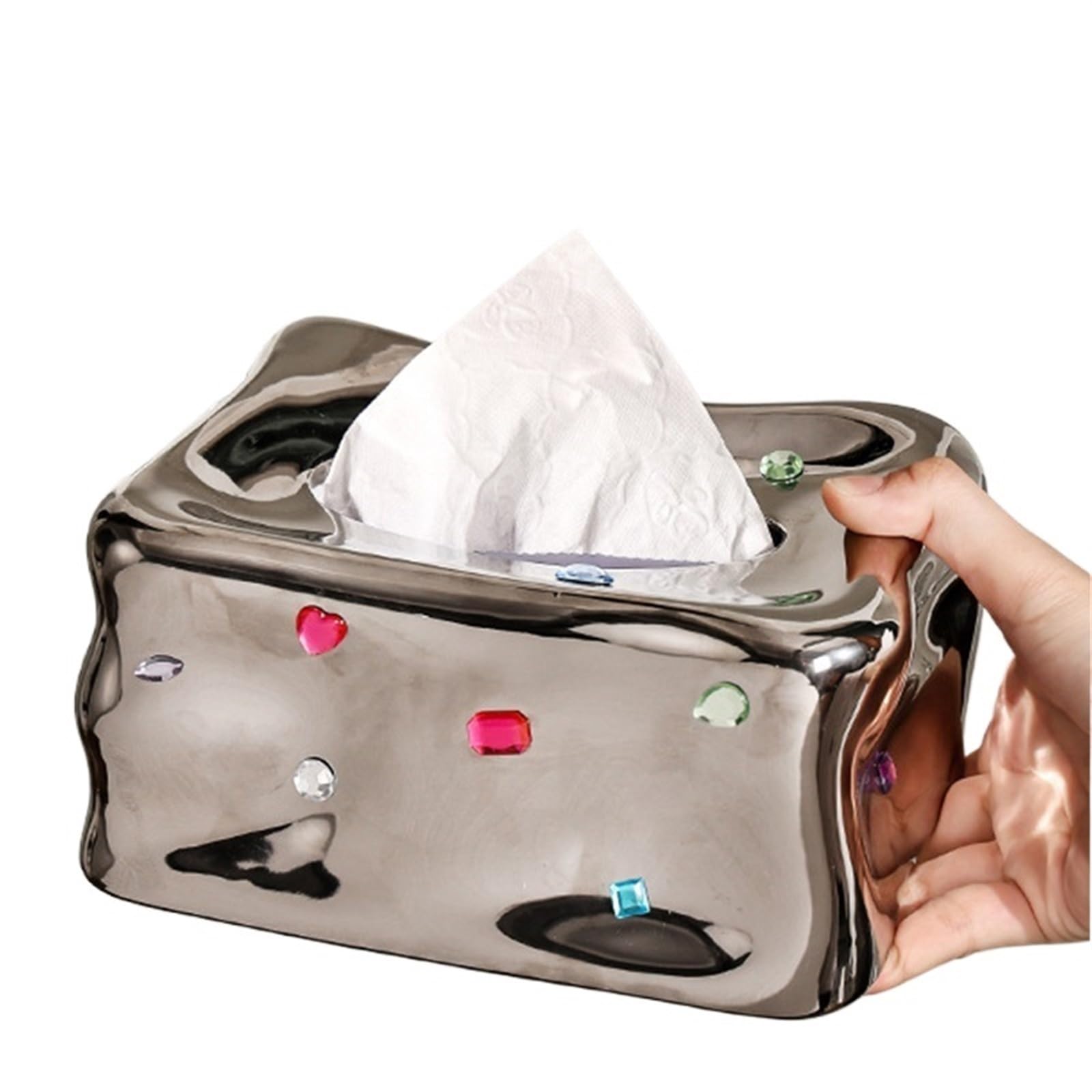 Ceramic Glacier Gem Tissue Box Coffee Table Paper Napkin Storage Box Household Desktop(Silver)
