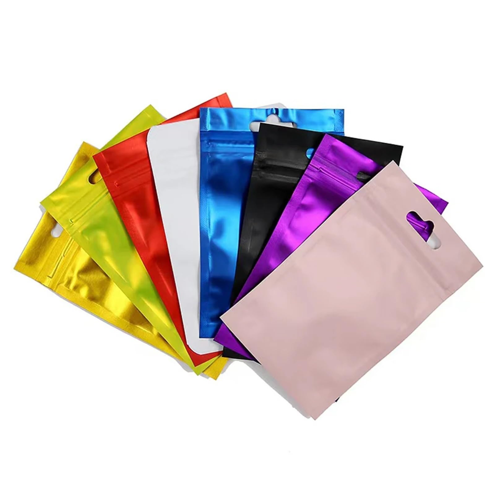 Sacchetti Ziplock, 100 pezzi Zip Lock Sacchetto di alluminio colorato con foro for appendere Finestra trasparente opaca Chiusura lampo autoadesiva Tacca a strappo Confezione alimentare riutilizzabile(