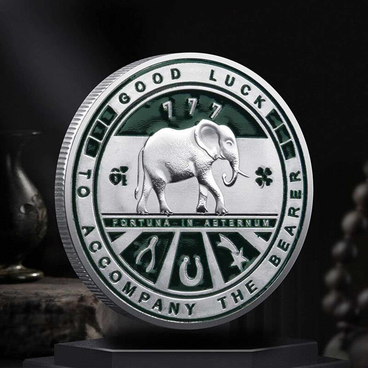 Good Luck Buena Suerte Moneda de la Suerte con Trébol de Cuatro Hojas y Elefante y Símbolos de la Suerte Moneda Conmemorativa
